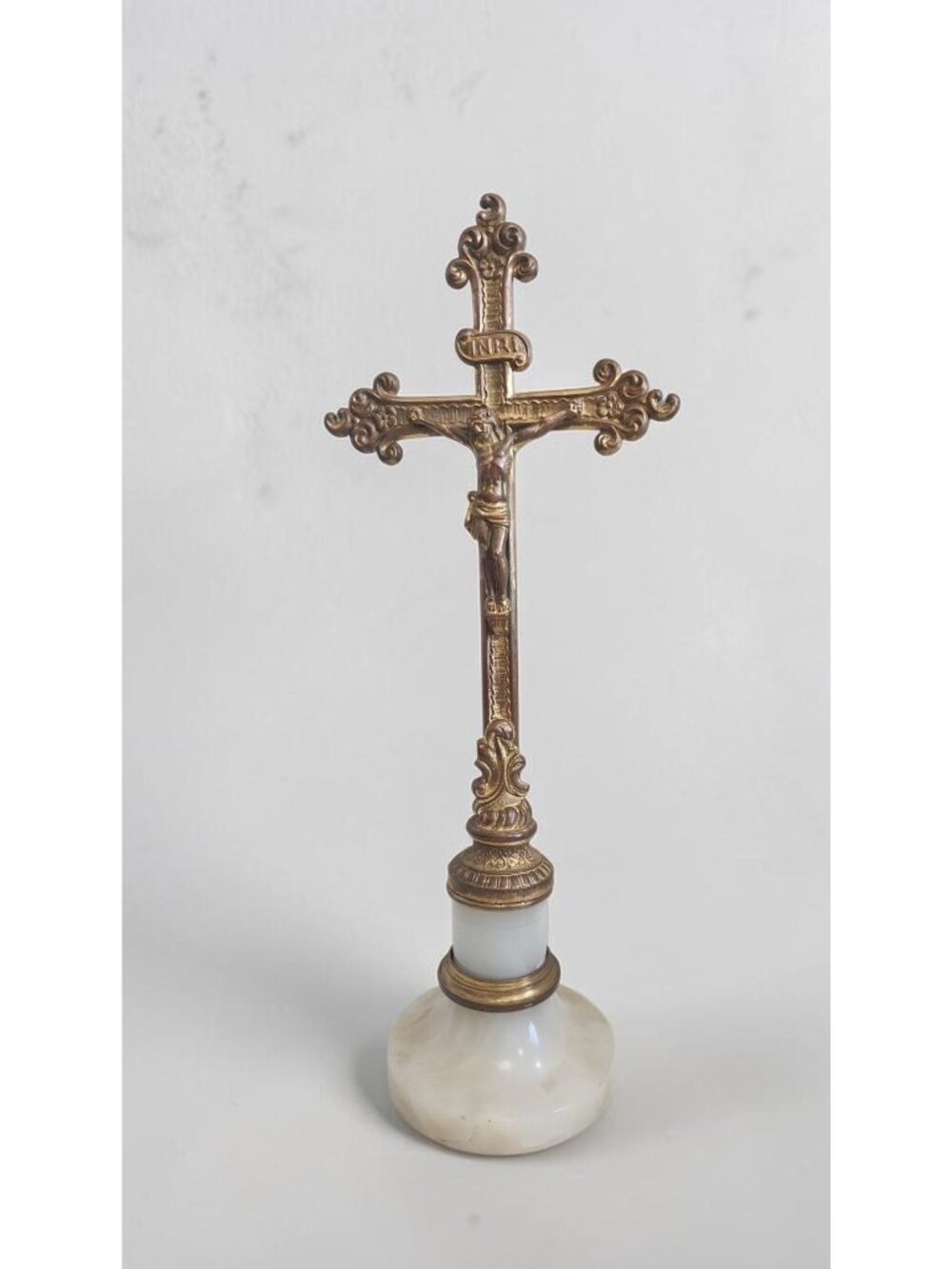 Antique Brass Altar Crucifix Altar with Marble Base Jesus on Cross INRI 13"